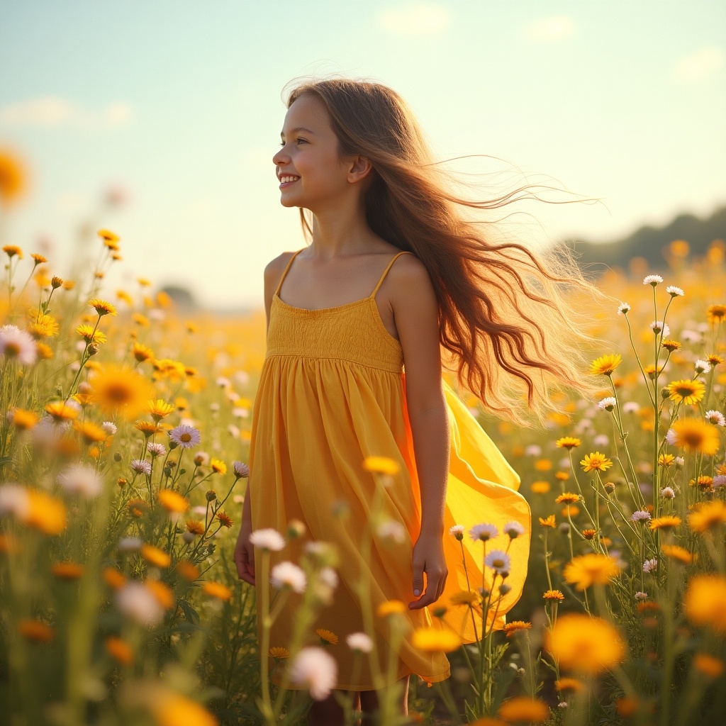 A girl wearing a yellow dress stands in a blooming flower field. Sunlight shines brightly, creating a warm atmosphere. The scene is peaceful and vibrant, capturing the beauty of childhood in nature.