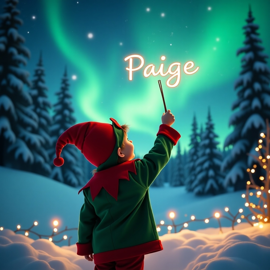 The image captures a festive scene with a child dressed in an elf costume. The child stands with their back to the viewer, gazing up at the stunning northern lights. They hold a wand, seemingly writing the name 'Paige' in the air. The surrounding landscape is blanketed in snow, with evergreen trees partially covered in white. Twinkling lights in the foreground add to the cozy ambiance of this magical winter setting. The entire scene evokes joy and holiday spirit.