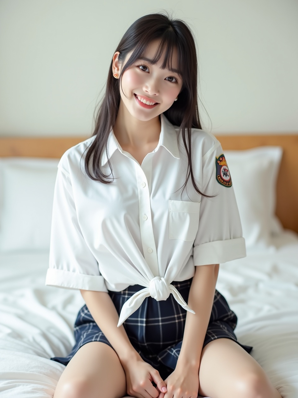 A young woman sitting on a bed, smiling, wearing a knotted white shirt and plaid skirt.