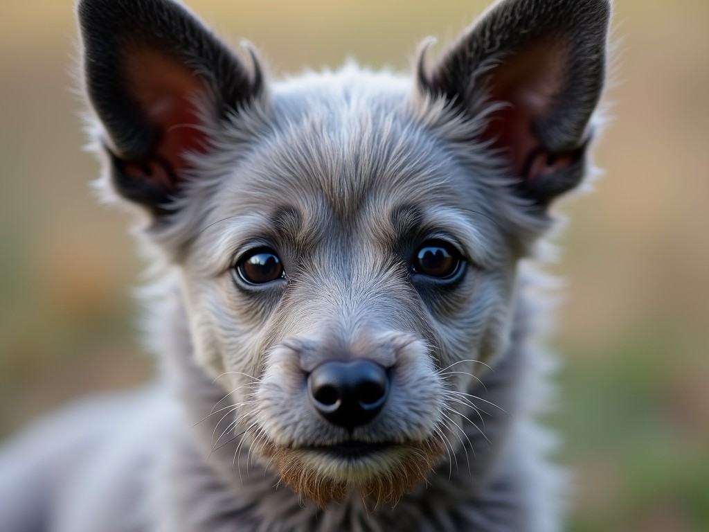 A close-up portrait of a cute gray puppy with big ears and bright eyes, looking directly at the camera, with a blurred natural background.