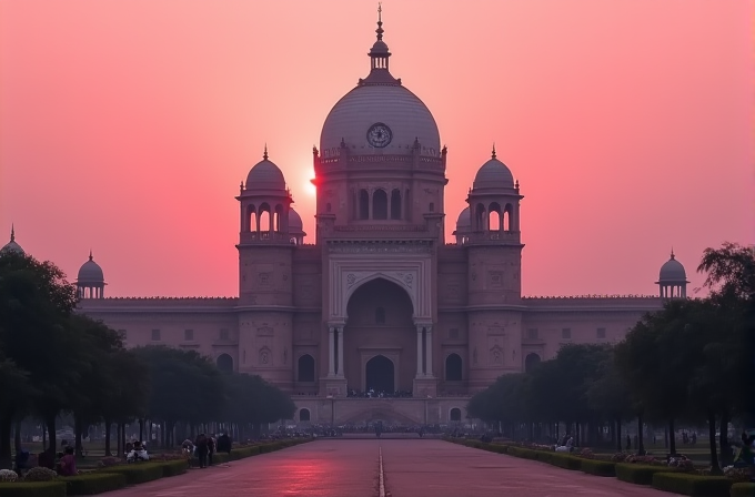 A grand palace with a central dome is silhouetted against a vibrant sunrise, which casts a pink hue across the sky, while a pathway lined with trees leads towards the structure.