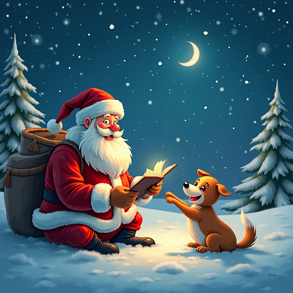 The image depicts Santa Claus sitting in a snowy landscape, joyfully reading a book. Beside him is a cute, eager dog, looking up at Santa with excitement. The moon shines brightly in the night sky, and snowflakes gently fall around them. Santa's cheerful expression adds warmth to the winter scene. The atmosphere is magical and festive, embodying the spirit of Christmas. A large bag filled with gifts rests next to Santa, hinting at his busy night ahead. The colors are vibrant and inviting, enhancing the joy of the season.