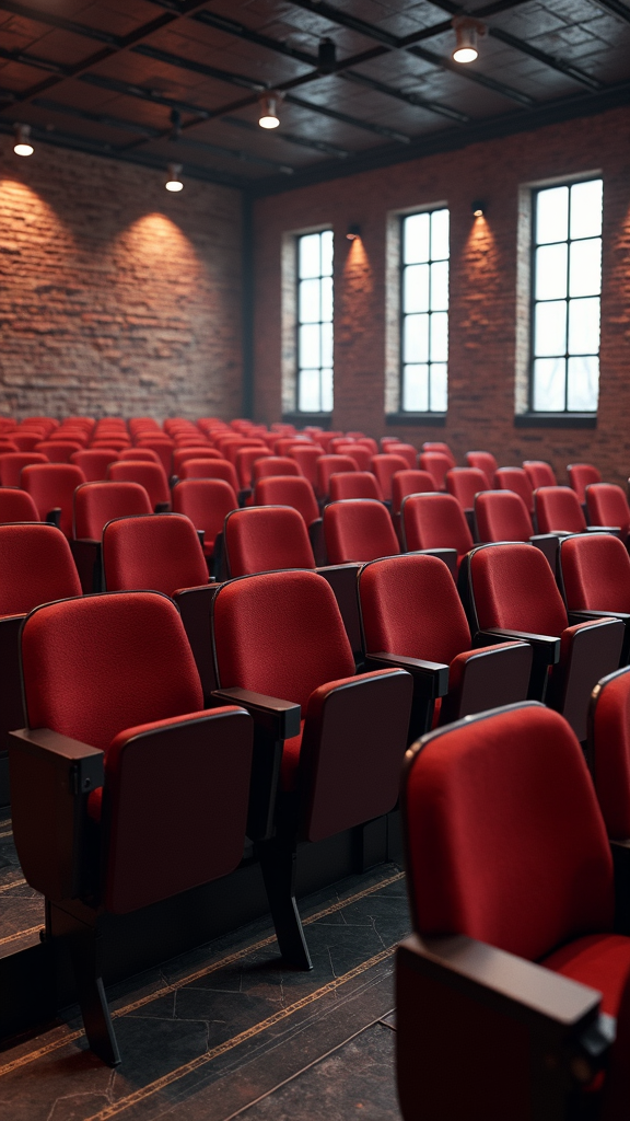 A theater with rows of empty red seats under warm industrial lighting, framed by a brick wall with tall windows.