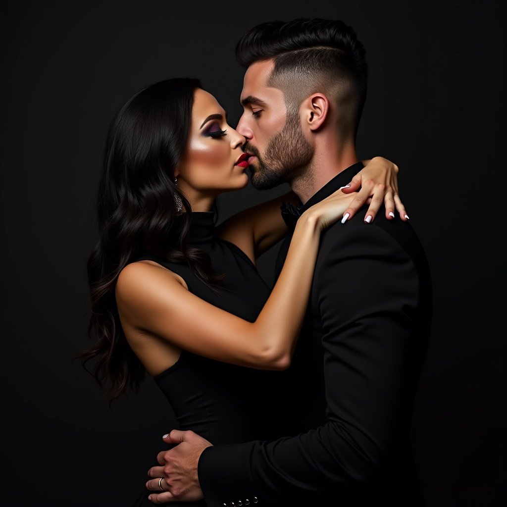 Image shows a couple embracing in an intimate gesture. The woman has dark hair and dramatic makeup. The man has short hair and a rugged look. Both wear elegant black outfits. The atmosphere conveys sophistication and allure.