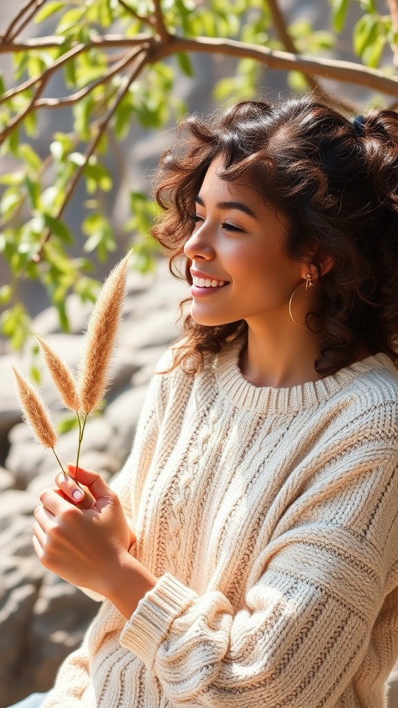 A smiling woman in a cozy sweater holds soft wheat stalks under warm sunlight.