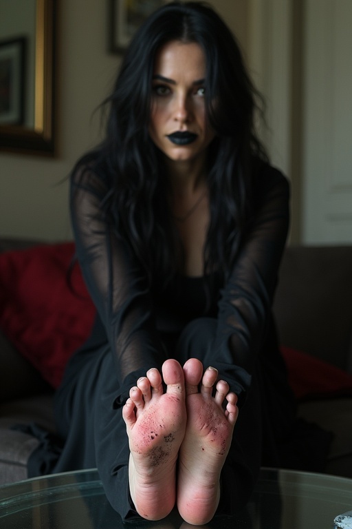 Image features goth woman wearing black attire sitting on a couch. She exposes her wounded bare feet resting on a glass table. Long dark hair and dark lips complete her look.