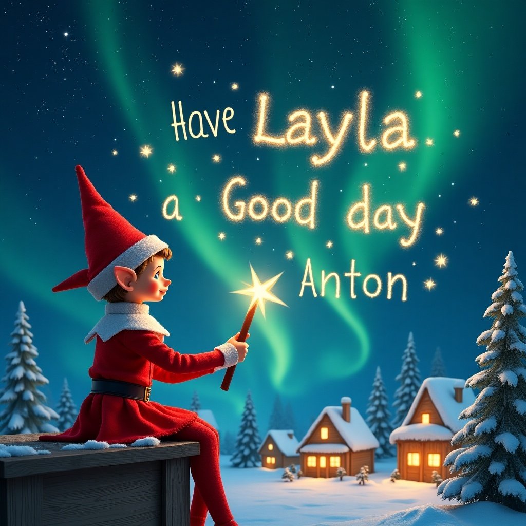 An elf uses a magical wand to write Layla in sparkling letters against a starry night sky. The elf sits on a wooden ledge, looking at a magical sky. Dressed in a vibrant red outfit and a pointed hat, it holds a glowing wand. The elf writes ‘Have a Good day Anton' in shimmering letters. Below is a snowy landscape with little houses and evergreen trees illuminated by Northern Lights. The elf adds the words ‘I love you’ to the sky.