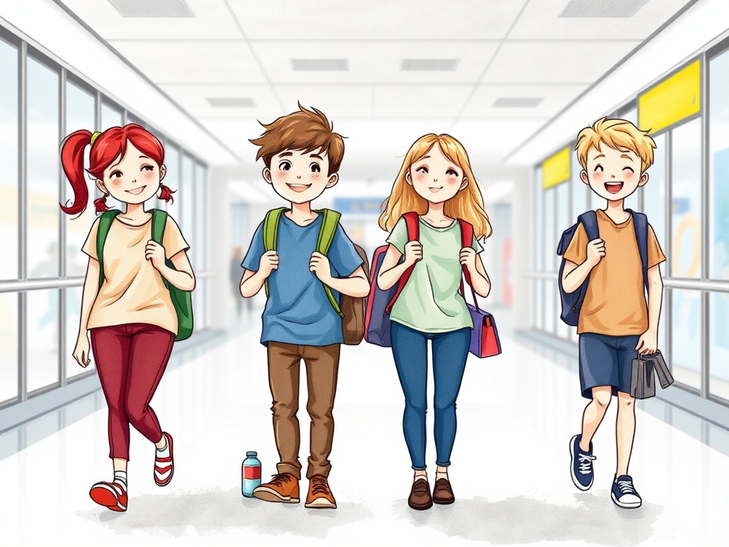 This image illustrates a group of four animated children walking down a bright and airy corridor, evoking the ambiance of a school environment. The characters, each with unique features such as varied hair colors and outfits, are animated and vibrant, reflecting a sense of camaraderie and youthful energy. The scene captures a lively and cheerful mood, emphasizing the theme of friendship and daily school life.