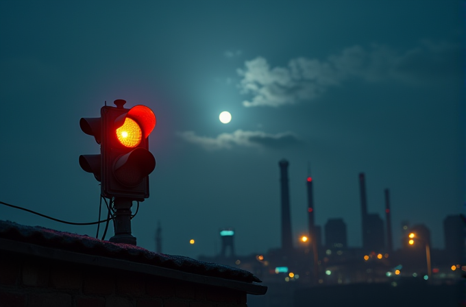 A traffic light shines red against a moonlit industrial skyline at night.