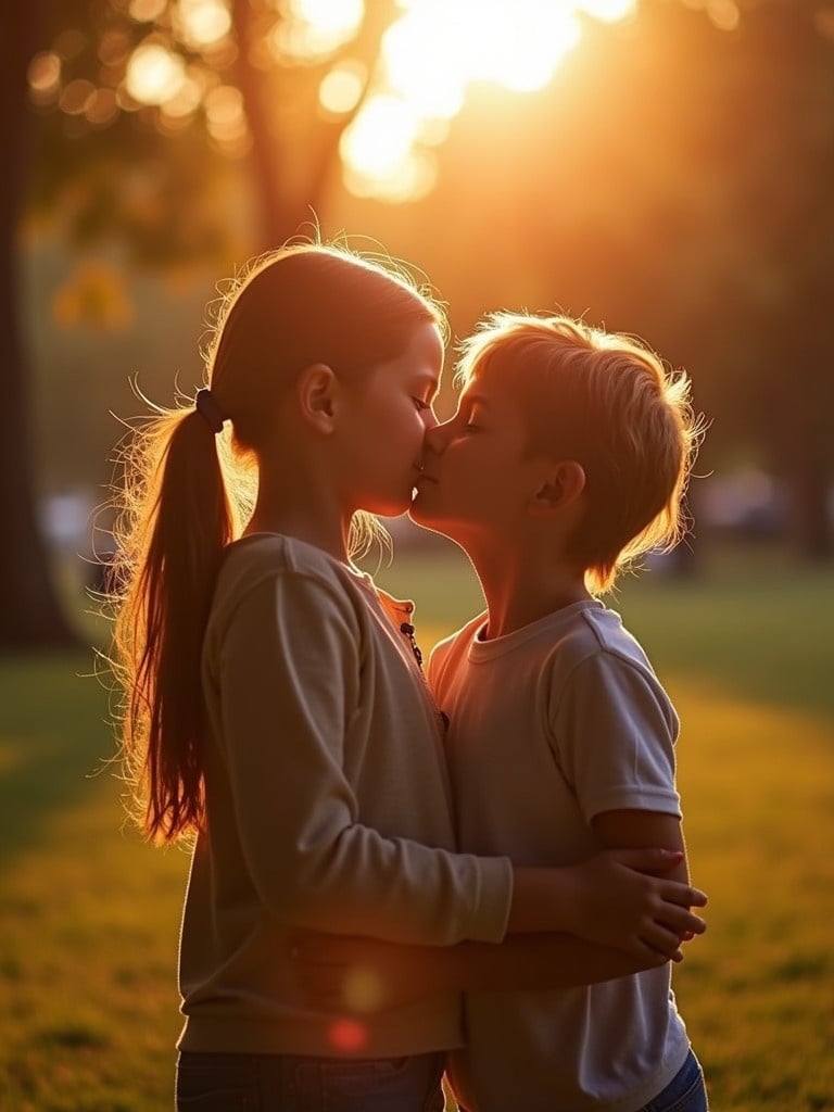 A girl and boy are kissing in a park at sunset. The sun emits a warm glow around them. They appear happy and affectionate.