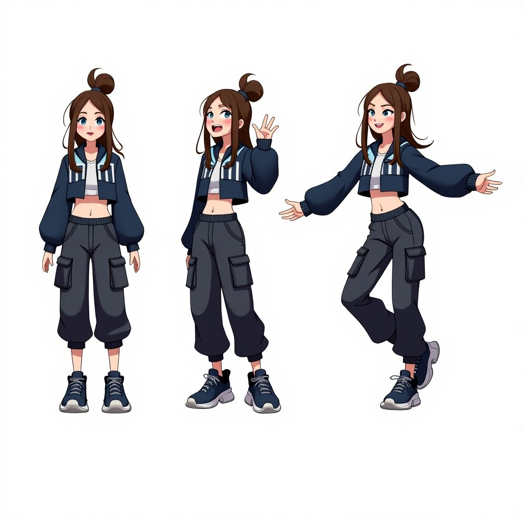 Illustration of female character with long brown hair in a bun. Blue eyes visible. Wears cropped navy blue jacket with light blue and black accents. Accompanied by baggy cargo pants with straps and chunky shoes. Character shown in four poses: happy and excited, sad or disappointed, jumping pose, and 'wai' greeting pose. Art inspired by Procreate style with soft outlines and modern flair.