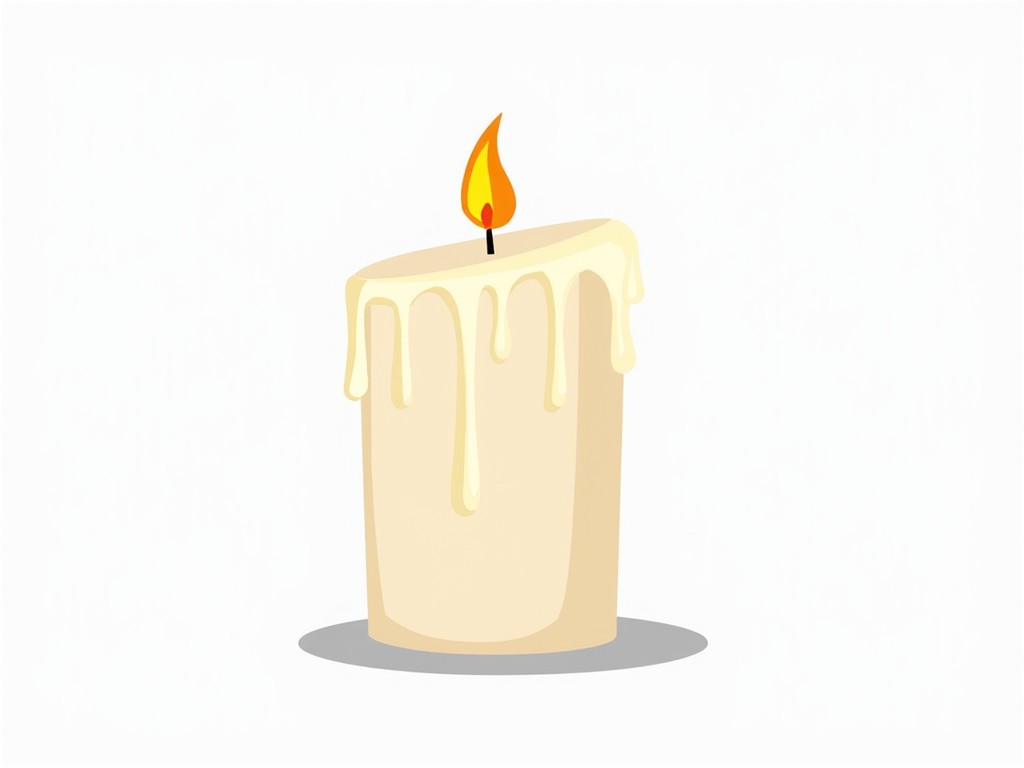 The image features a burning candle with a soft, creamy color. The wax is melting and dripping down the sides, creating a gentle, soothing appearance. At the top, there's a small flame flickering, bringing warmth to the visual. The overall aesthetic is simple and calming, perfect for evoking feelings of peace and relaxation. The background is plain, which accentuates the candle as the main focus.