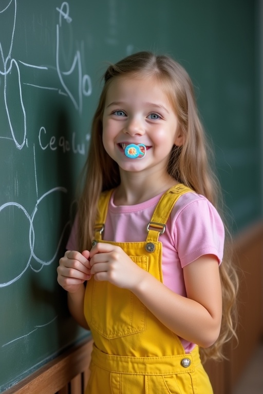 Seven years old girl with long light brown hair in yellow dungarees smiles at a blackboard while holding a pacifier. She wears a pink t-shirt in a classroom.