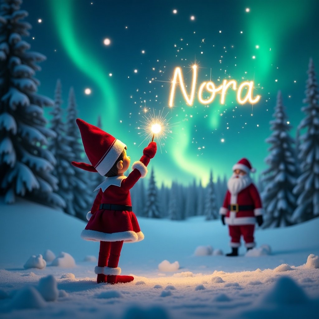 An elf on the shelf is present in a beautiful winter landscape, with its back to the viewer. The elf holds a magic wand, using it enchantingly to write the name 'Nora' in the starry sky. The background is highlighted with mesmerizing northern lights that add a magical glow. In the distance, Santa Claus is seen among snow-covered trees, creating a warm Christmas atmosphere. The scene radiates holiday magic and wonder, inviting all to a whimsical celebration. This enchanting imagery beautifully captures the essence of Christmas and children's joy.