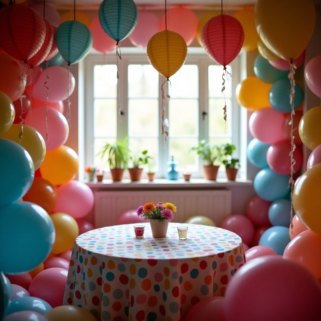 Colorful party decorations in a cozy room. Round table with a polka-dotted tablecloth surrounded by balloons. Lanterns hanging from the ceiling. Natural light from the window illuminates the space.