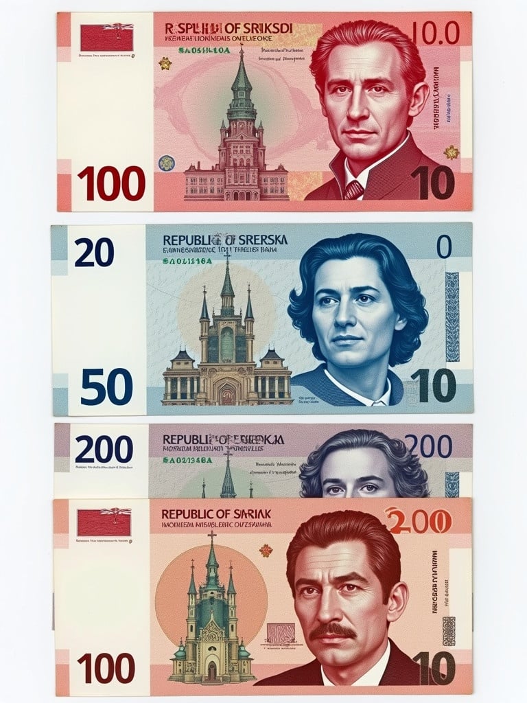 Design series of banknotes for the Republic of Srpska. Incorporate denominations of 10, 20, 50, 100, and 200. Use red, blue, and white colors prominently throughout the design.