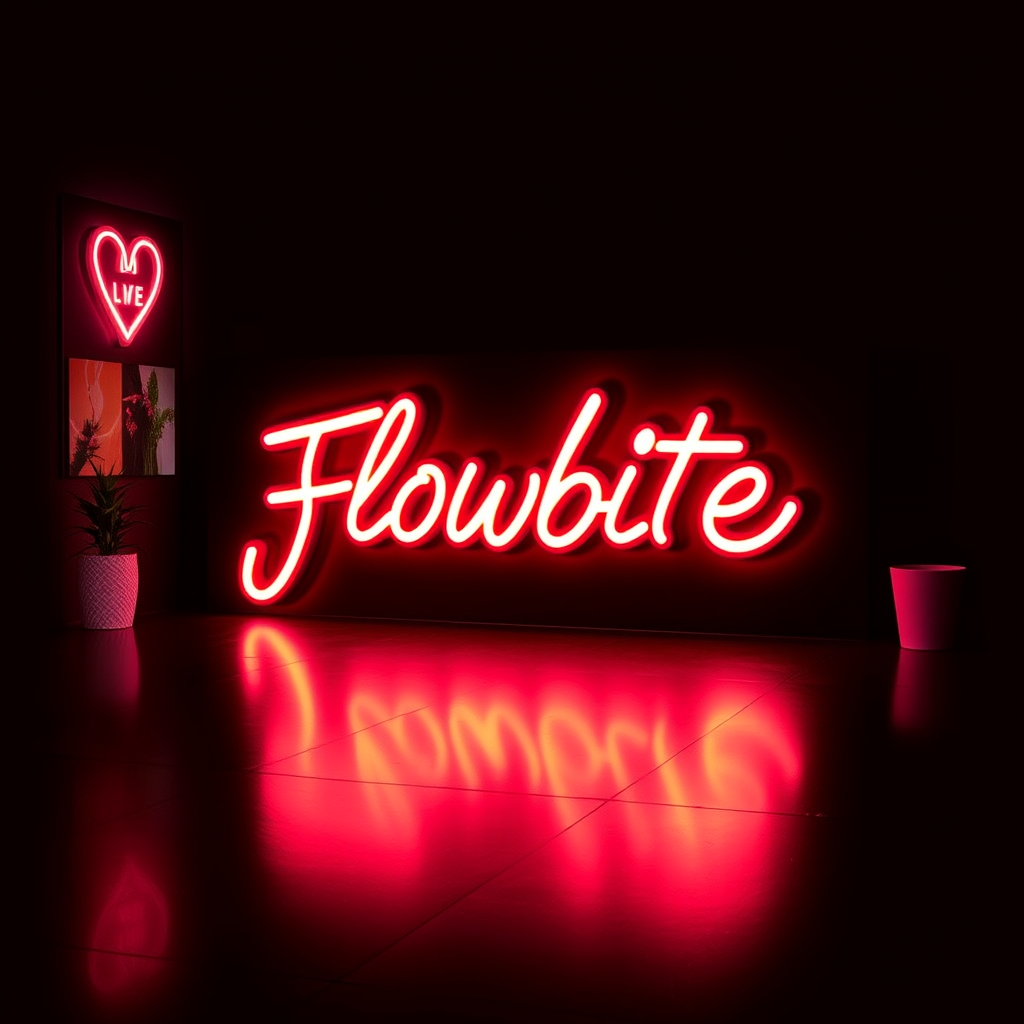 A room illuminated by vibrant red neon signs displaying 'Flowbite' in cursive, with reflections on the floor and a heart-shaped 'Live' sign on the wall.