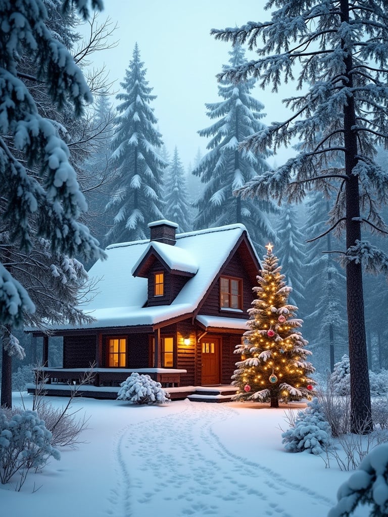 A serene scene of a cozy cabin surrounded by snow-covered pine trees. A decorated Christmas tree adds holiday spirit. The atmosphere is calm and festive.