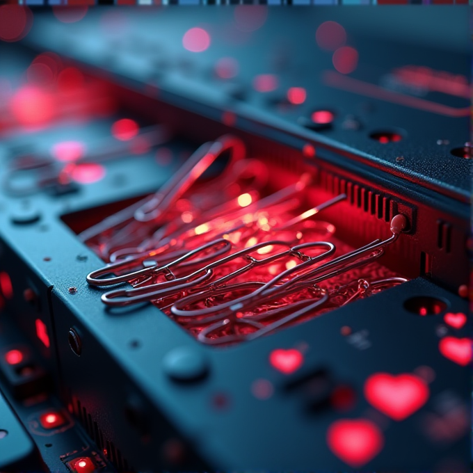 A futuristic scene with metallic paperclips intertwined and illuminated by glowing red lights, set against a high-tech backdrop with scattered heart shapes.