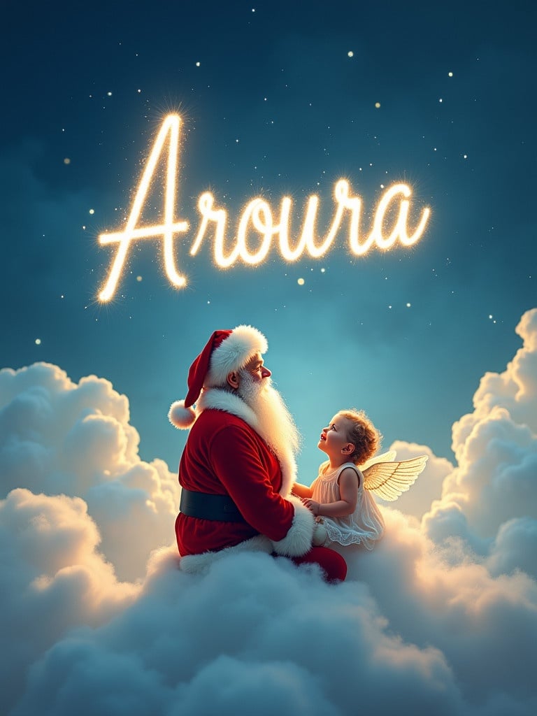 Santa Claus and a baby angel on a fluffy cloud. Santa writes 'Aroura' in sparkling light in the blue sky. The angel looks up delightfully. Dreamy and festive Christmas atmosphere is portrayed.