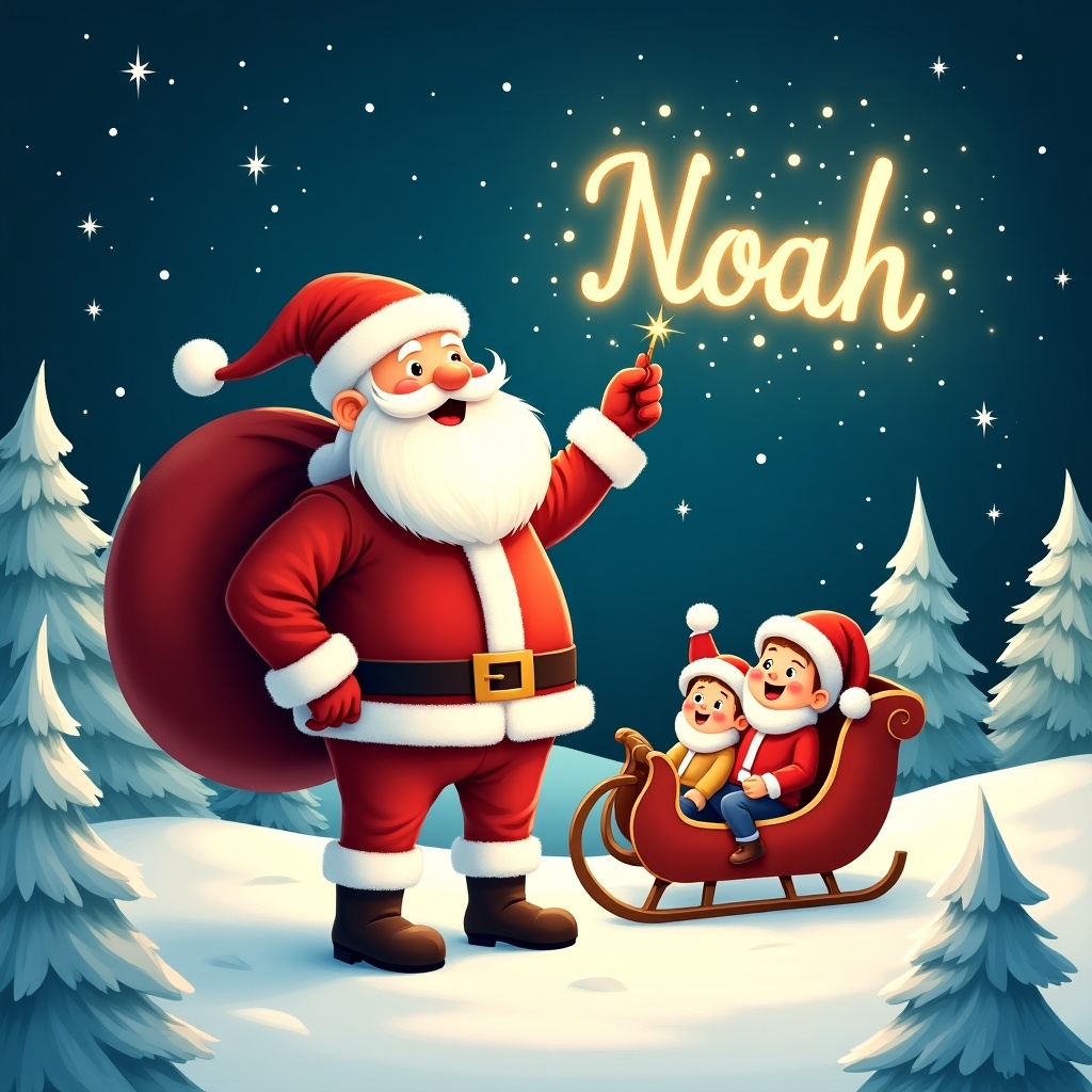 The image features a cheerful Santa Claus standing in a snowy landscape. He has a large red sack slung over his shoulder and is holding a sparkly wand. Santa is dressed in his traditional red and white outfit, complete with a belt and boots. Behind him, the night sky is illuminated with twinkling stars. Pine trees dot the snowy ground, encapsulating a festive winter atmosphere. Two children are sitting in a sled, looking amazed at Santa's magic as he joyfully writes the name 'Noah' in the sky with a sparkling light. The scene evokes a cozy, festive atmosphere full of holiday joy and captures the spirit of Christmas and the joy of giving.