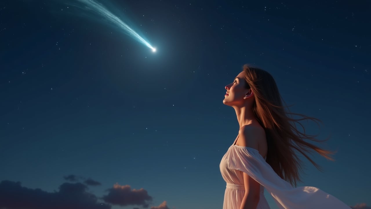 A woman in a flowing dress gazing at a shooting star in a clear night sky with a serene and hopeful expression.