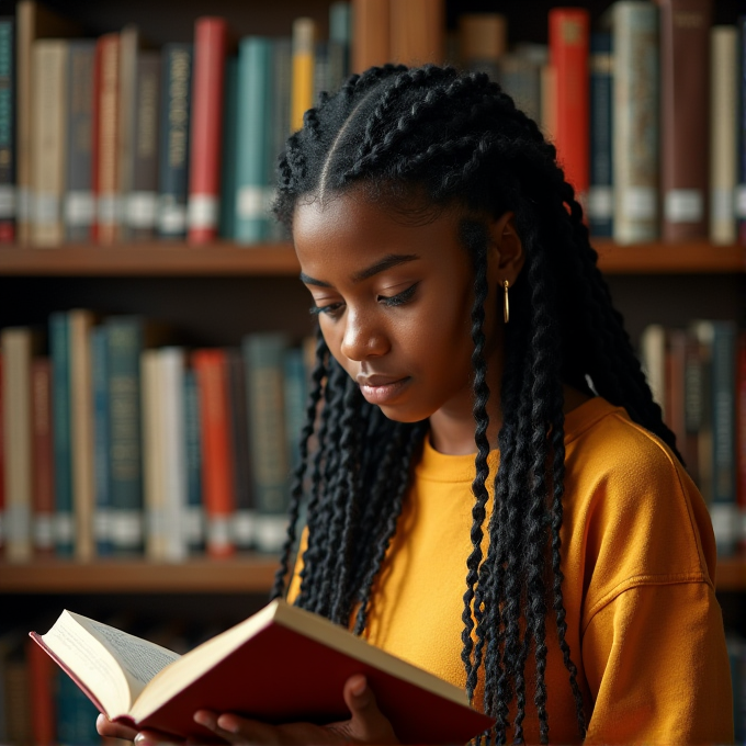 A person with long braided hair reads a book in a library, surrounded by shelves filled with various books.