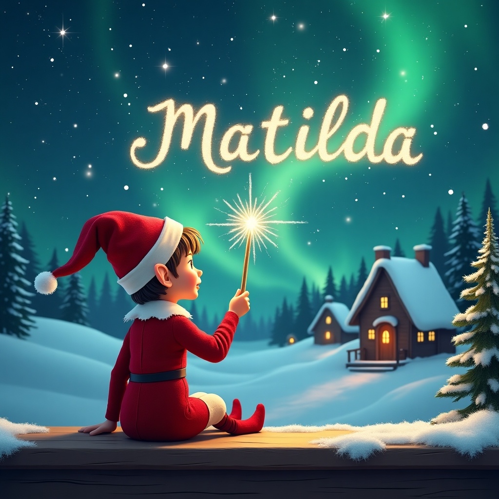 An elf dressed in a red outfit and pointed hat sits on a wooden ledge, gazing at a magical sky. In its hand, it holds a sparkling wand and elegantly writes the name 'Matilda' amidst the stars. The scene is set in a snowy landscape dotted with charming little houses and evergreen trees. The sky is illuminated by the mesmerizing Northern Lights, adding to the enchanting atmosphere. This scene embodies the essence of childhood magic and Christmas cheer, transporting viewers to a whimsical world brimming with wonder.