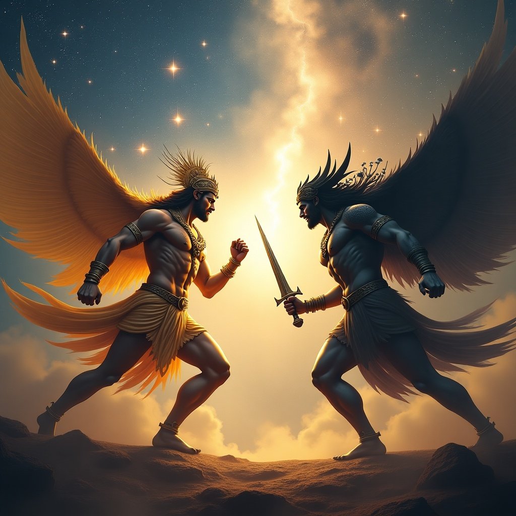 A dramatic celestial battlefield features Hindu devas in golden armor against shadowy asuras. Warriors wield divine weapons. A vibrant cosmic sky filled with stars and light. Represents the struggle of good and evil in mythology. The scene has an ethereal atmosphere.