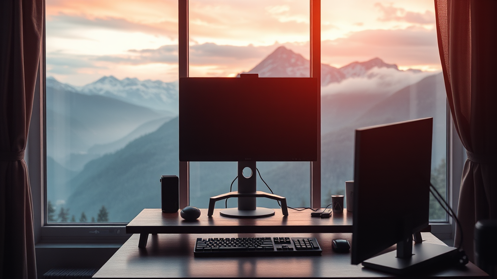 A serene home office with dual monitors overlooks a picturesque mountain range at sunset, offering a blend of natural beauty and modern convenience.