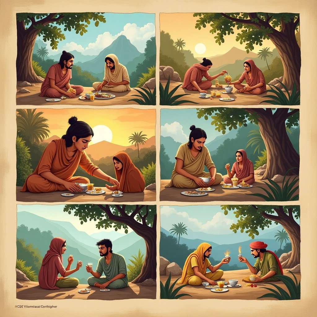 Scenes from the story of Eidgah with cultural elements. Illustrations of nomadic life and historical figures. Depiction of a mother and son in a traditional setting. Representation of a meal and its significance. Symbolic meaning of a mute person. Contribution of Jyotiba Phule. Advancement of India and poet's vision. Comparison with other poets.