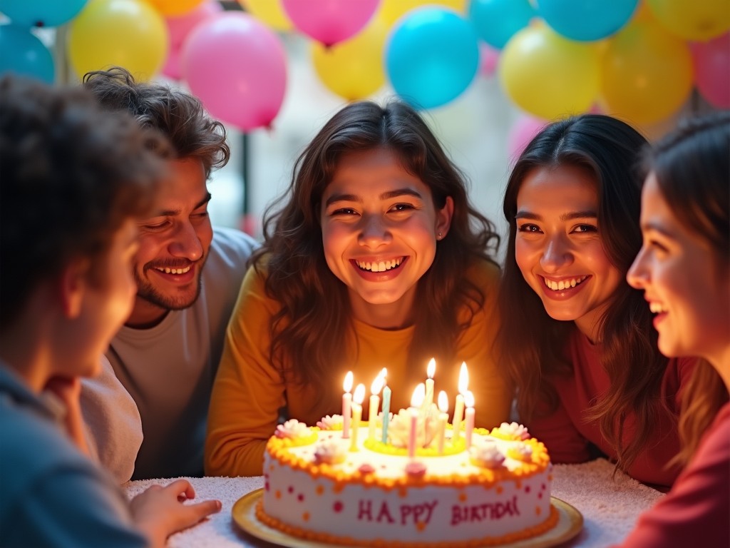 A joyful birthday celebration scene featuring a group of young friends gathered around a vibrant cake with lit candles. The main focal point is the cake that displays 'Happy Birthday' with frosting and decorations. There are colorful balloons in the background creating a festive atmosphere. The group is smiling, sharing happy moments together. Warm lighting enhances the cheerful mood of the occasion.