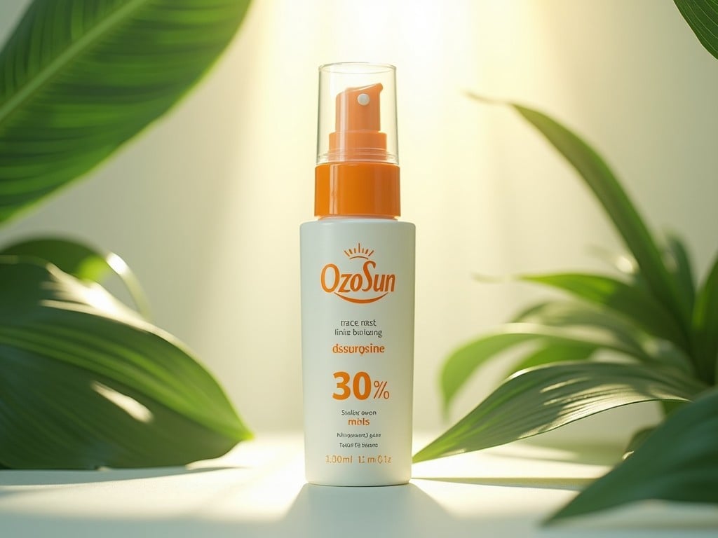 This image features a bottle of OzoSun sunscreen standing on a light surface. The bottle has a sleek design with orange accents and displays a percentage for its effectiveness. Surrounding the bottle are lush green leaves, suggesting a connection to nature. The background is softly lit, giving off a warm glow that enhances the freshness of the product. This imagery evokes a sense of summer and protection against the sun.