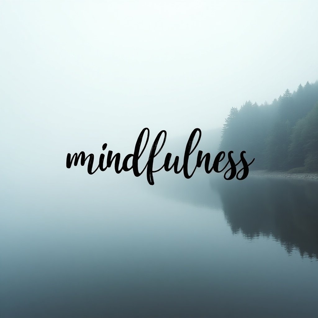 This image showcases the concept of mindfulness with the word 'mindfulness' prominently displayed. The background consists of a serene foggy lake that reflects calmness and tranquility. Trees are lined along the shore, partially hidden by the fog, adding a layer of mystery. The word is beautifully scripted, making it a focal point of the image. The overall mood encourages a sense of peace and introspection, making it perfect for wellness-related themes and content.