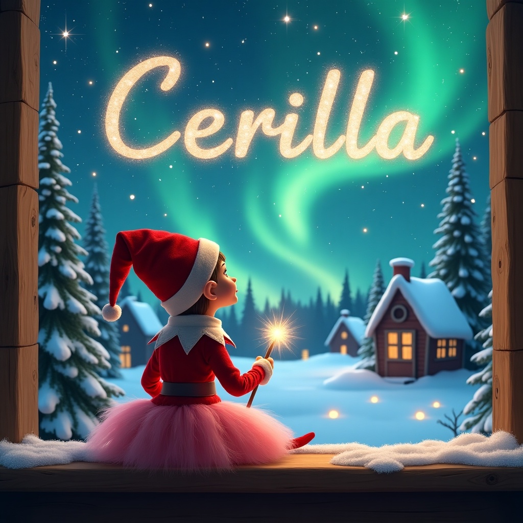 An elf sits on a wooden ledge with its back to the camera, gazing at a magical sky. The elf, dressed in a red outfit with a pointed hat, holds a sparkling wand. With the wand, the elf elegantly writes the name 'Cerilla' in the starry sky. The background features a snowy landscape with charming little houses and evergreen trees under the shimmering Northern Lights. This whimsical scene captures the essence of childhood magic and Christmas cheer.