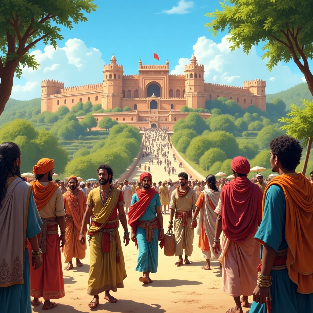 The image depicts a vibrant scene from the Maratha Empire, featuring people gathering in front of a grand castle. The castle, with its tall towers and flags, stands majestically against a bright blue sky. Men and women in traditional attire walk towards the castle, engaged in conversation and various activities. The landscape is lush with greenery, and the atmosphere is lively, reflecting a historic moment. This scene captures the essence of a bustling society during the Maratha era.