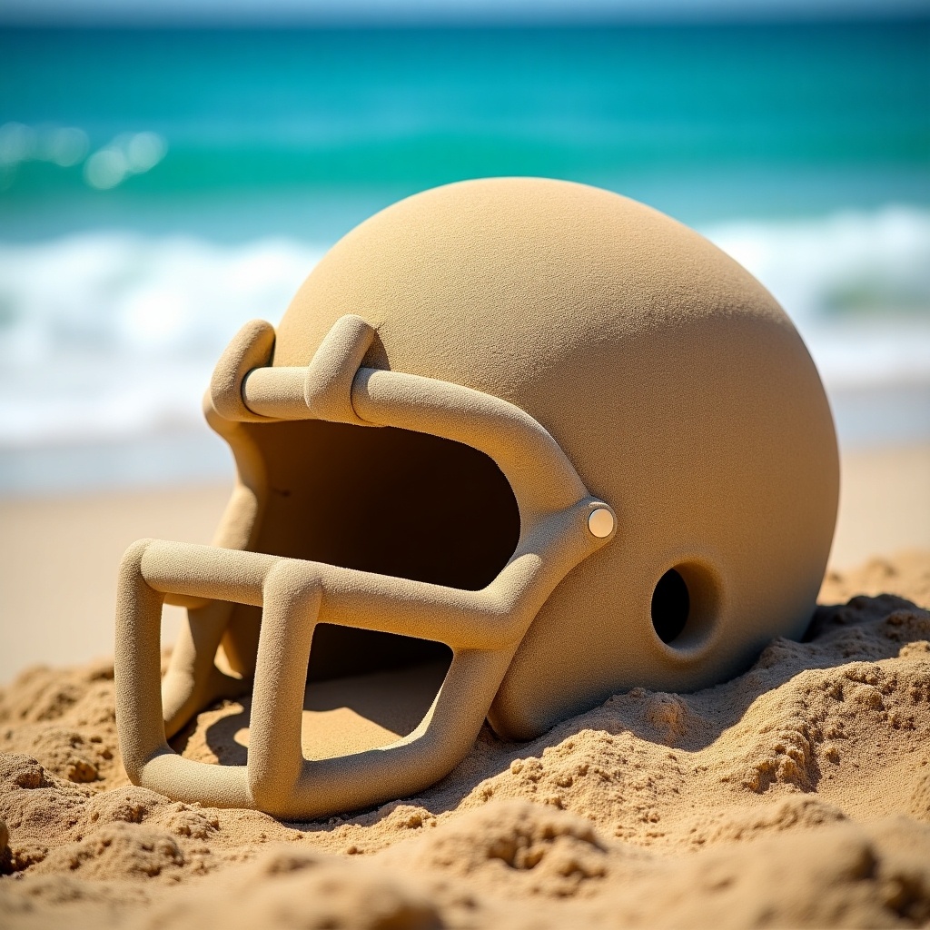 This image features a creative rendition of an American football helmet uniquely crafted out of sand. The helmet is artistically placed in a beach setting, surrounded by sunlit sand and gentle ocean waves. Its design showcases meticulously shaped sand details, while the backdrop of the bright blue ocean creates a striking contrast. The sunlight highlights the warm texture of the sand, making the scene inviting and picturesque. This composition beautifully melds classic sports elements with the natural aesthetic of a beach environment.