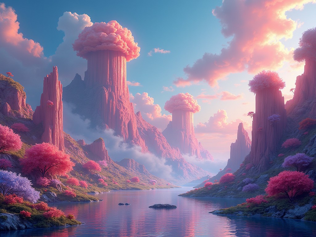 This image depicts a stunning landscape featuring tall, rocky formations topped with fluffy, pink clouds. The scene is bathed in warm hues of pink and lavender, reflecting a dreamy atmosphere. Lush greenery and pink blossoms accentuate the beauty of the surroundings. A serene river flows through the scene, enhancing the tranquility of the setting. The composition evokes a surreal feeling, making it an awe-inspiring masterpiece perfect for creative inspiration.