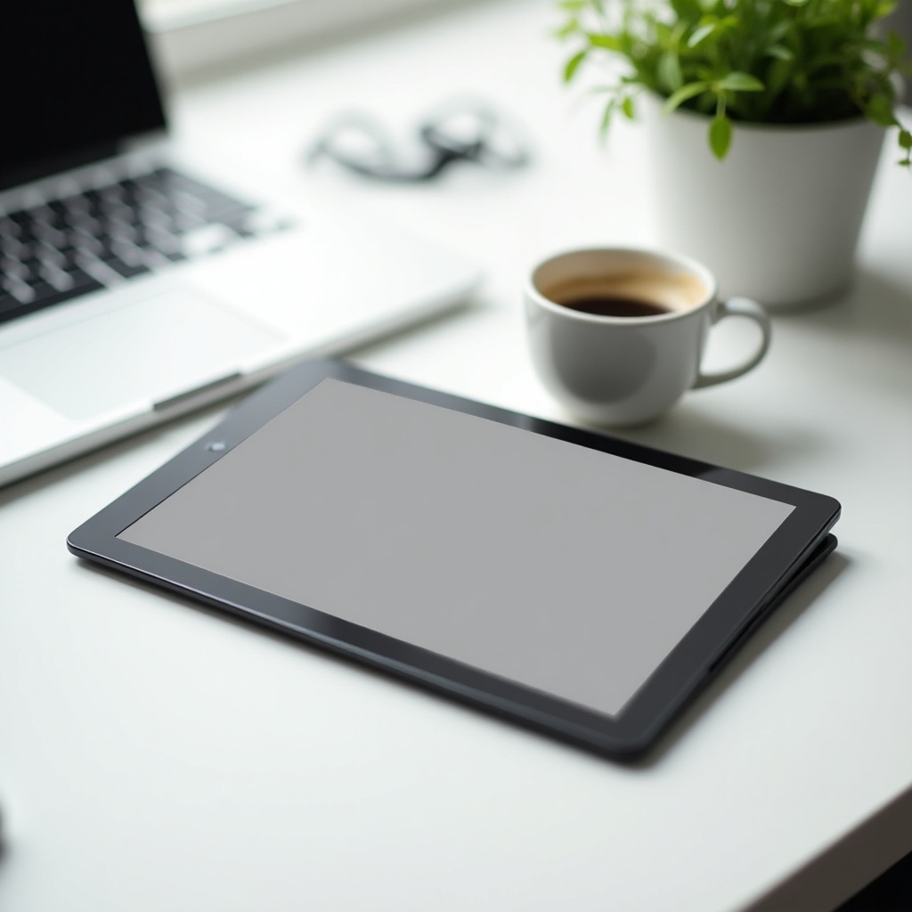 Close up of a tablet on a table. Coffee cup nearby. Modern workspace design. Natural light. 2019 aesthetics.