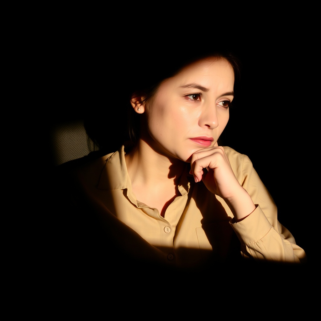 A woman in a thoughtful pose, partially illuminated by dramatic lighting against a dark background.