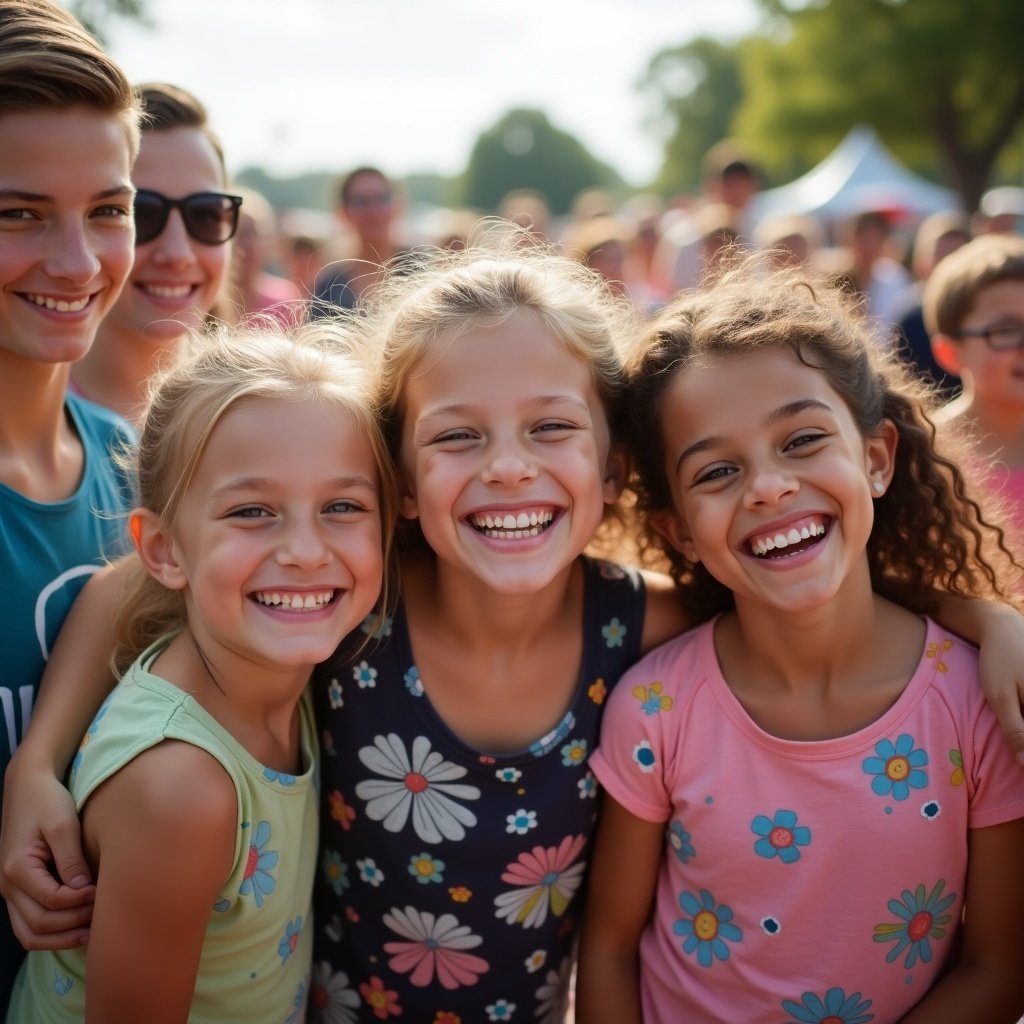 The image features a lively group of children celebrating together at a community festival. With bright colors and cheerful expressions, they radiate joy and togetherness. The scene is filled with people enjoying the festivities, capturing the essence of family gatherings and community spirit. The smiling faces of the children stand out, emphasizing the happiness that comes from such shared experiences. This vibrant atmosphere showcases the connection between friends and families at a joyous event.