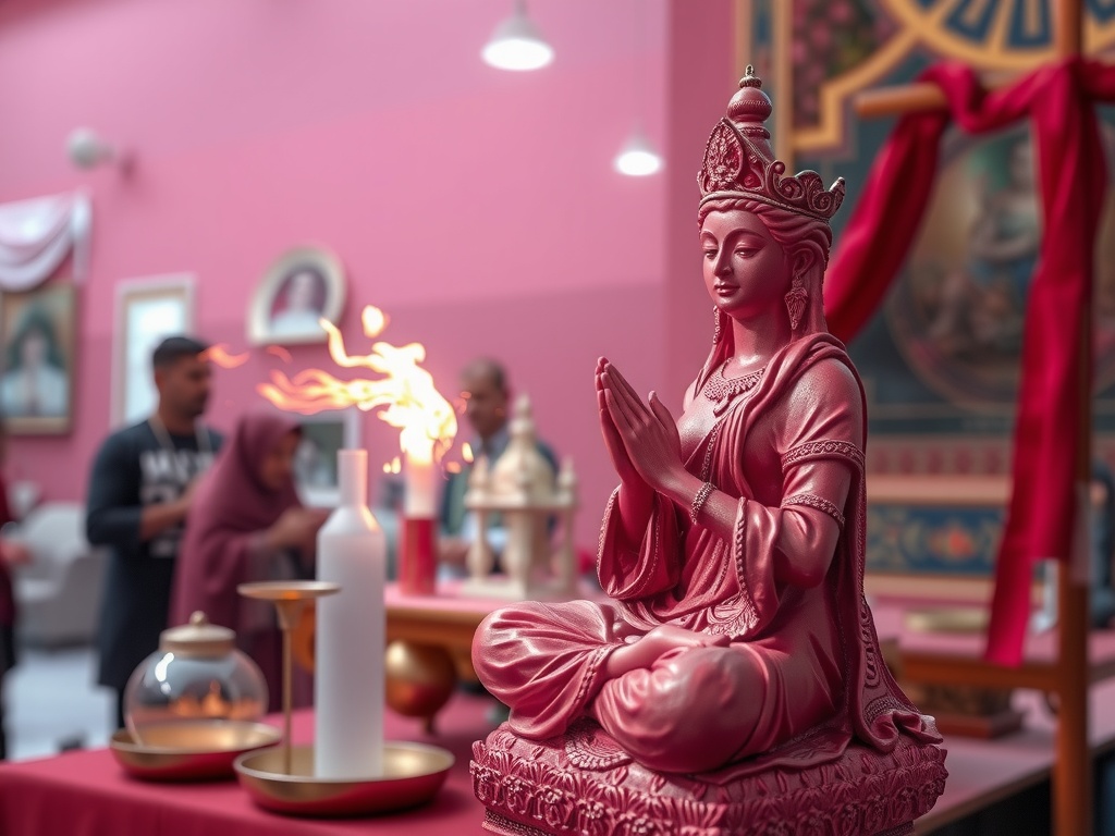 A serene pink statue in a place of worship surrounded by warm candlelight and blurred figures.