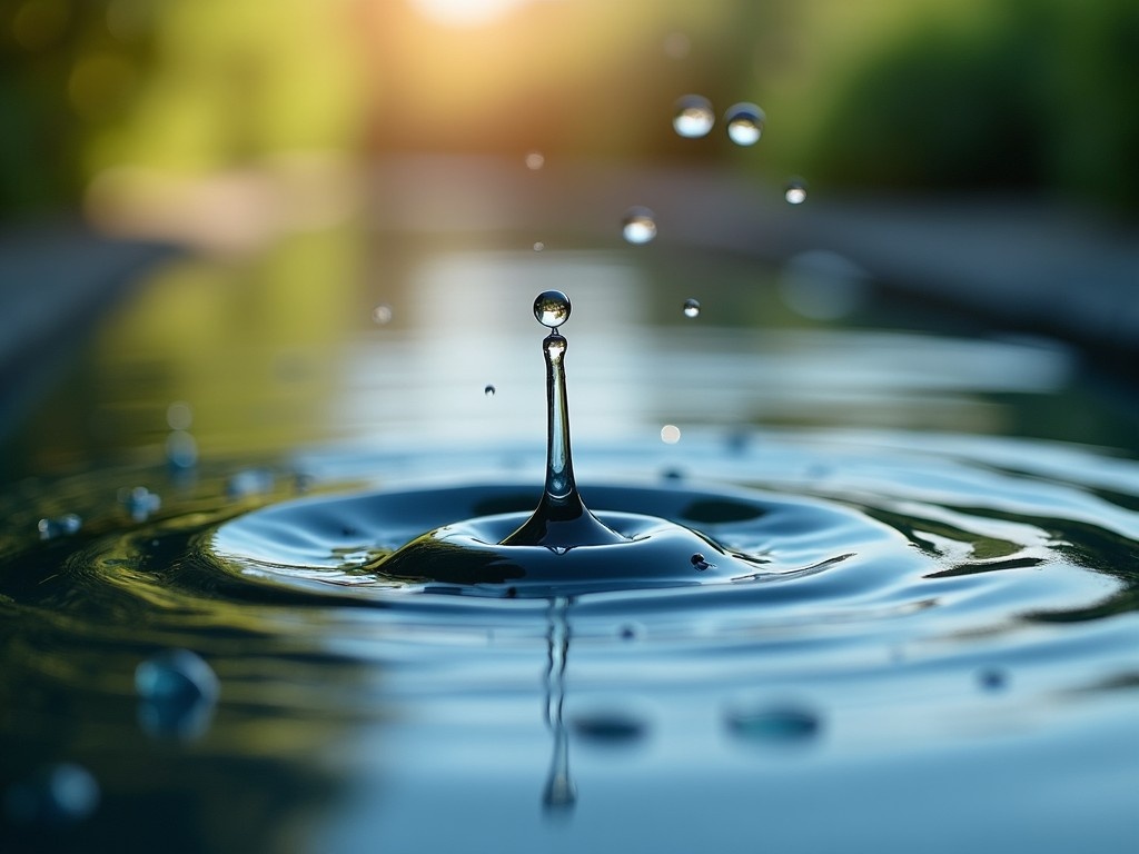 The image portrays a close-up view of a water droplet falling into a pool of water, creating ripples. Soft natural light enhances the scene, casting a gentle golden glow. The primary focus is on the droplet and the splashes it creates. Surrounding elements include smooth, reflective water surfaces. This image encapsulates the beauty of nature and the tranquility of water in motion.