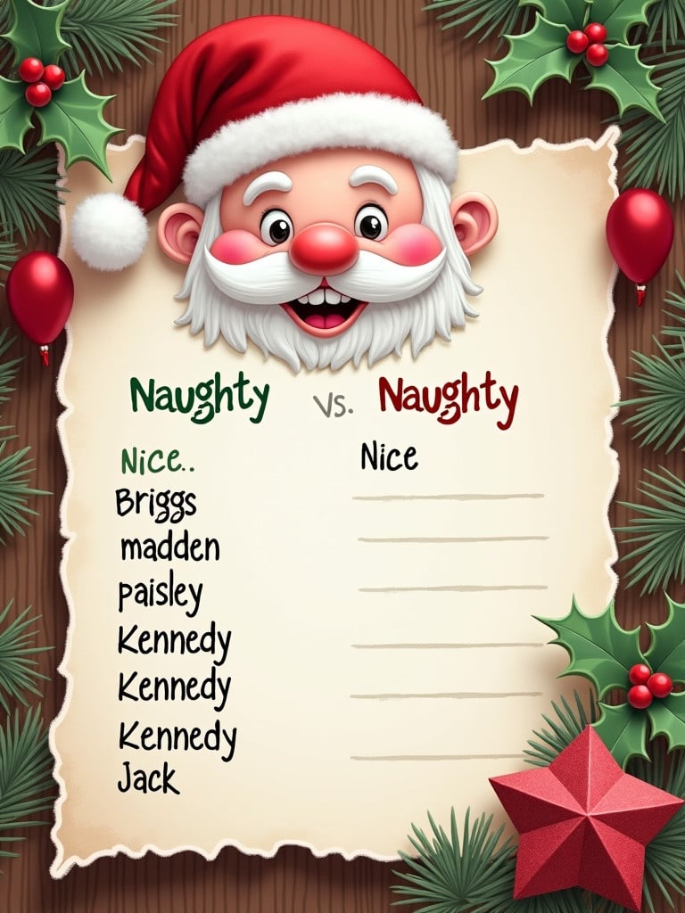 Letter from Santa showing naughty and nice lists with no names on nice list. Naughty list includes Briggs, madden, paisley, Maddy, Kennedy, Keller, and Jack. Surrounded by Christmas decorations and a playful atmosphere.