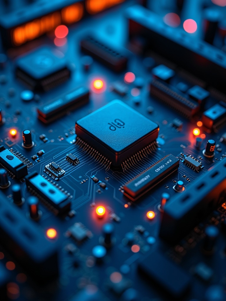 Close-up image of a futuristic circuit board. Glowing neon blue and orange lights illuminate the components.