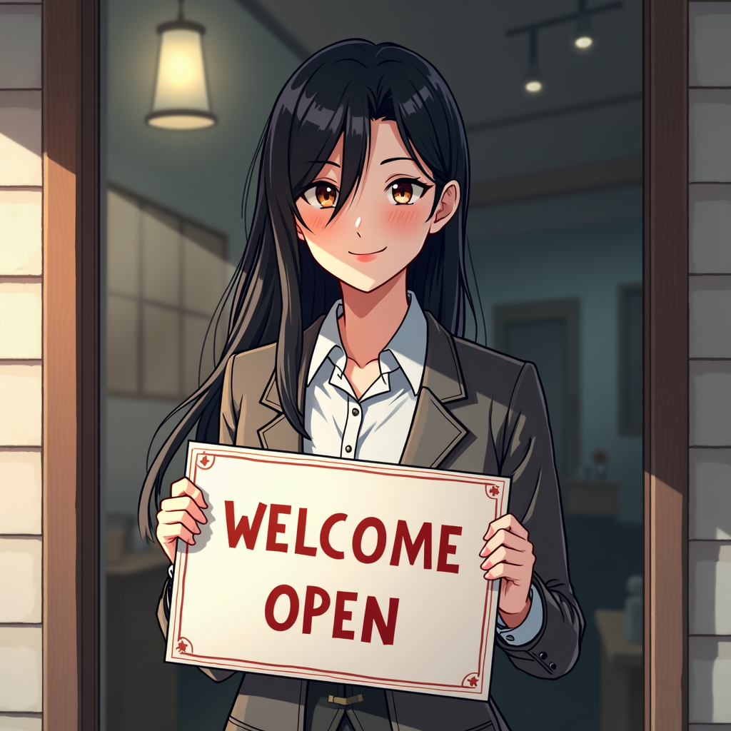 An anime-style character holds a 'Welcome Open' sign at the entrance of a cozy room.