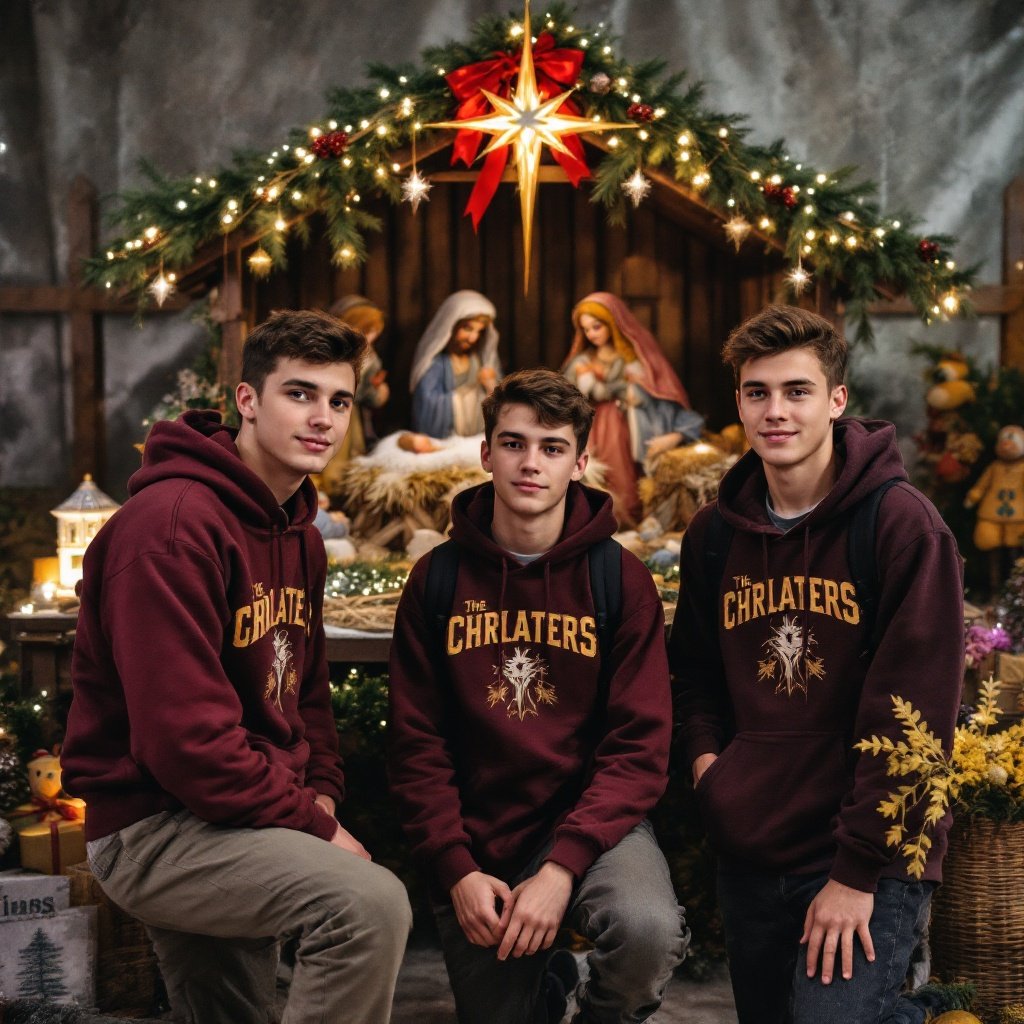 Three boys in maroon hoodies stand and kneel before a Christmas nativity scene. Scene is decorated with lights and festive ornaments. Warm atmosphere evokes feelings of holiday cheer and togetherness.