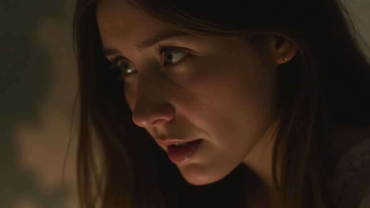 A close-up portrait of a woman looking thoughtfully into the distance, with soft shadows and warm lighting highlighting her face.