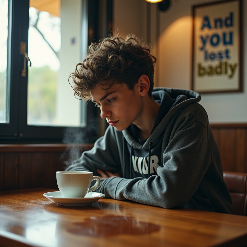 A person sitting alone at a cafe table, staring pensively at a steaming cup of coffee, with a window showing a hint of greenery outside. The setting suggests introspection.