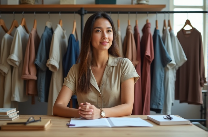 A woman sits at a desk with clothing hanging in the background in a stylish boutique.